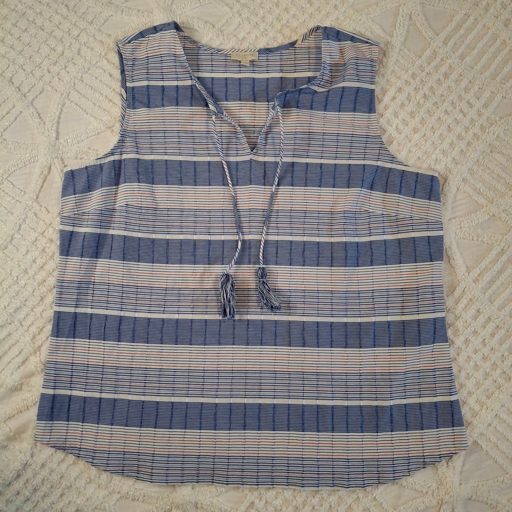 Talbots Petite Large Blue White Striped Sleeveless Tie‎ Neck Top